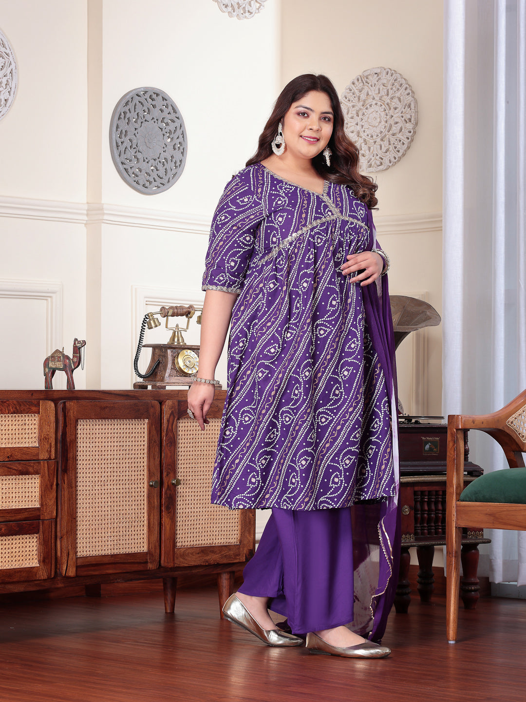 Violet-Rayon-Bandhej-Printed-3-Piece-Kurta-Set