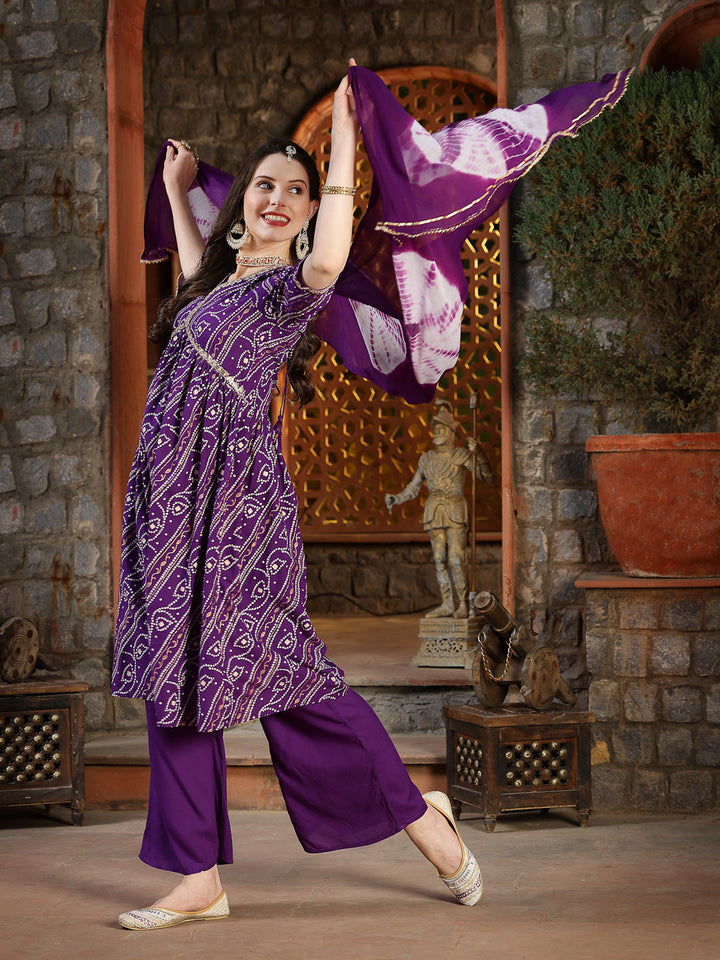 Red-Bandhej-Rayon-Naira-Cut-3-Piece-Kurta-Set