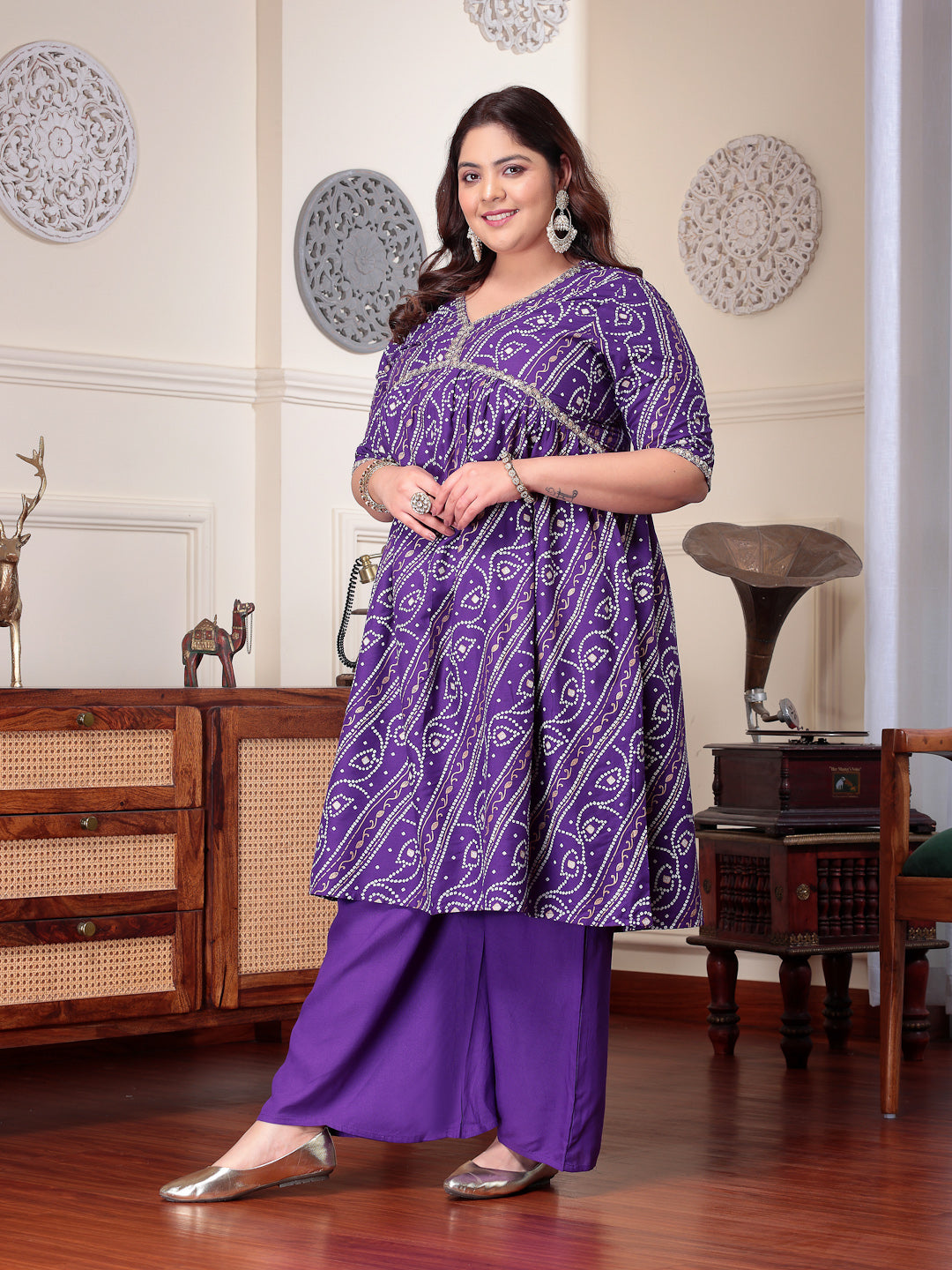 Violet-Rayon-Bandhej-Printed-3-Piece-Kurta-Set