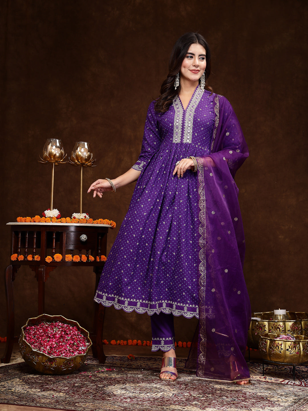 Violet-Rayon-Bandhani-Printed-Flared-3-Piece-Kurta-Set