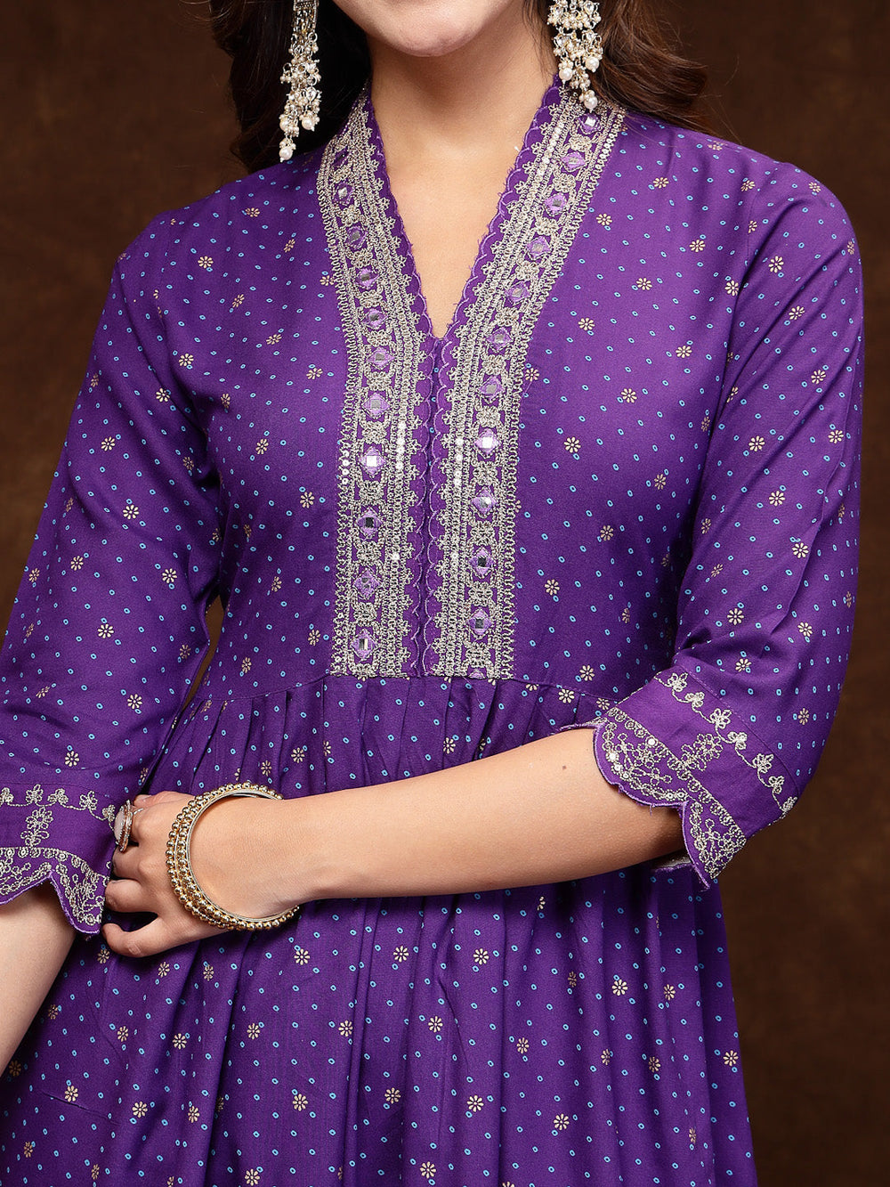 Violet-Rayon-Bandhani-Printed-Flared-3-Piece-Kurta-Set