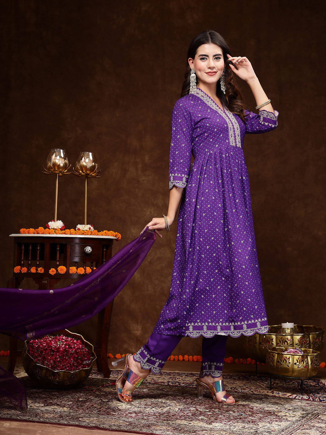 Violet-Rayon-Bandhani-Printed-Flared-3-Piece-Kurta-Set