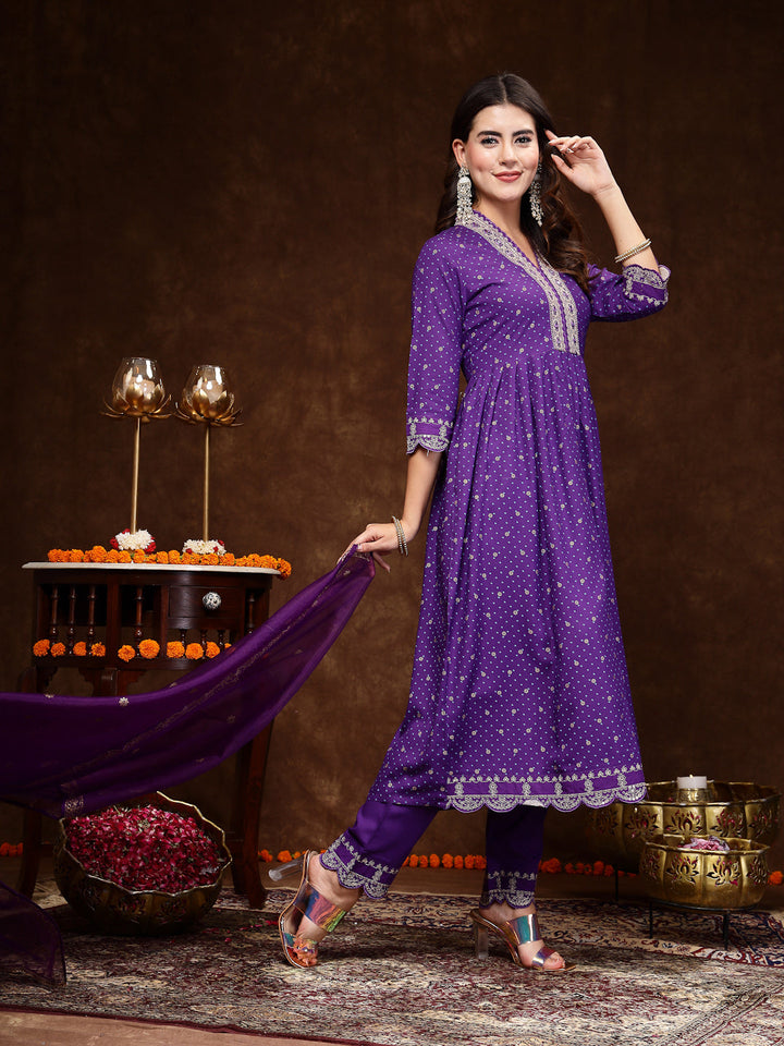Violet-Rayon-Bandhani-Printed-Flared-3-Piece-Kurta-Set