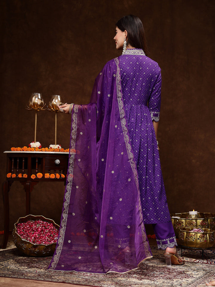 Violet-Rayon-Bandhani-Printed-Flared-3-Piece-Kurta-Set