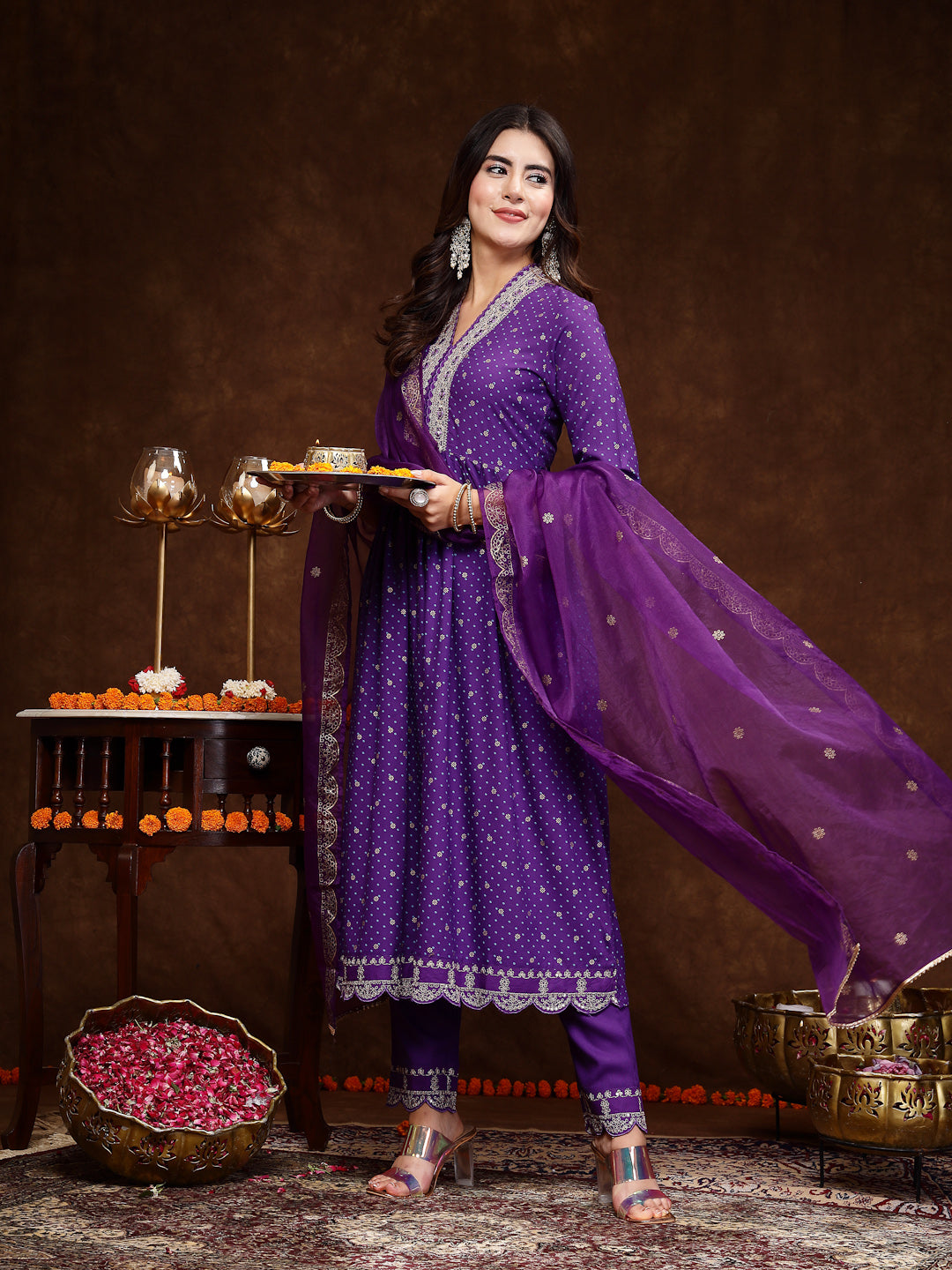 Violet-Rayon-Bandhani-Printed-Flared-3-Piece-Kurta-Set