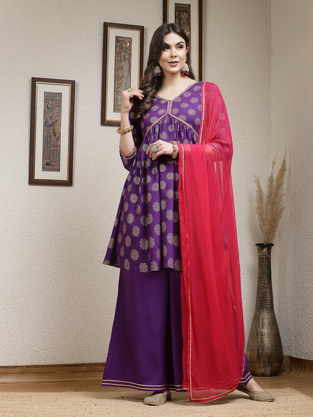 Violet-Rayon-Motif-Printed-A-Line-3-Piece-Kurta-Set