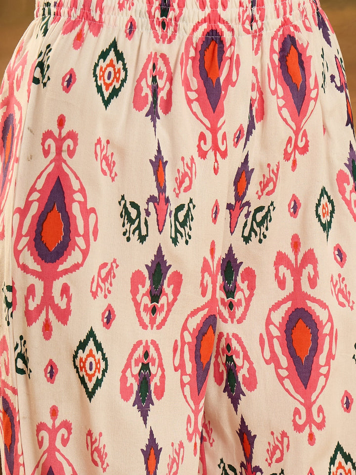 White Ikat Printed & Embroidered Rayon A-Line Kurta Pant Dupatta Set