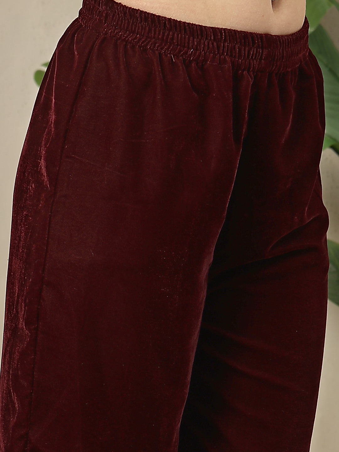 Wine Solid & Embellished Velvet Anarkali Kurta Pant Dupatta Set