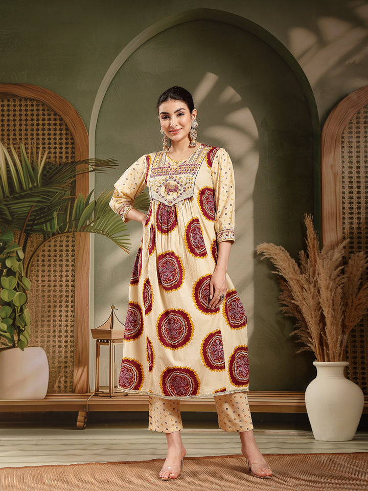 Wine Bandhej Printed & Embroidered Cotton A-Line Kurta Pant Dupatta Set