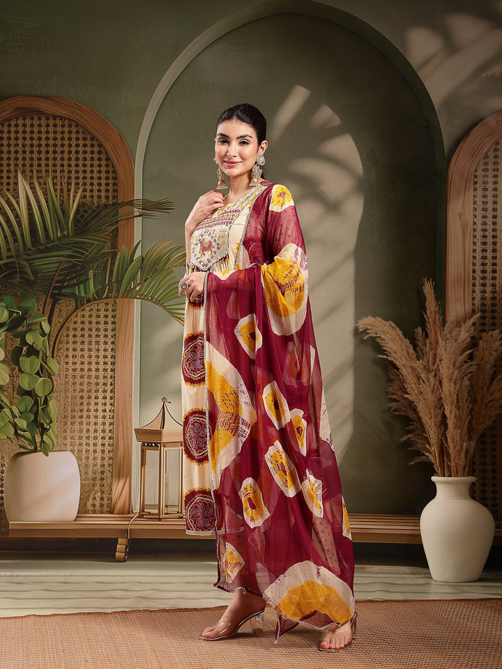 Wine Bandhej Printed & Embroidered Cotton A-Line Kurta Pant Dupatta Set