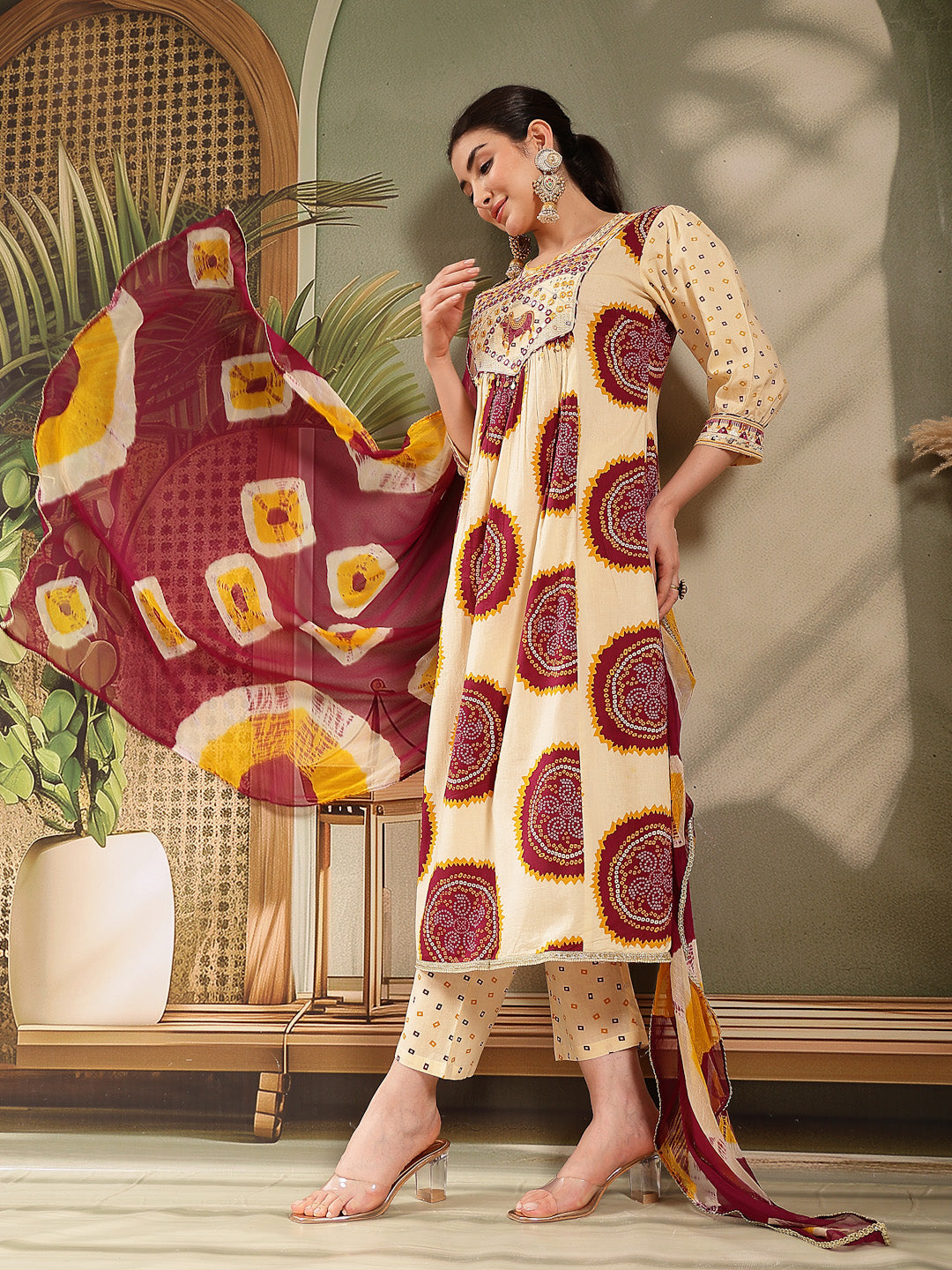 Wine Bandhej Printed & Embroidered Cotton A-Line Kurta Pant Dupatta Set