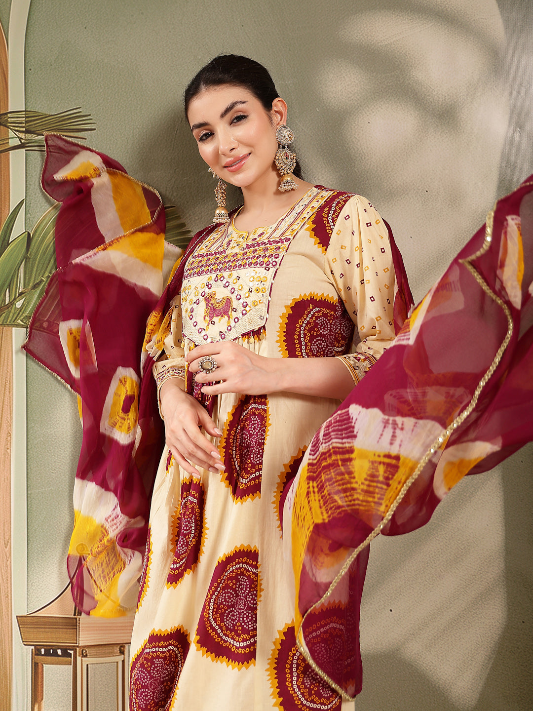 Wine Bandhej Printed & Embroidered Cotton A-Line Kurta Pant Dupatta Set
