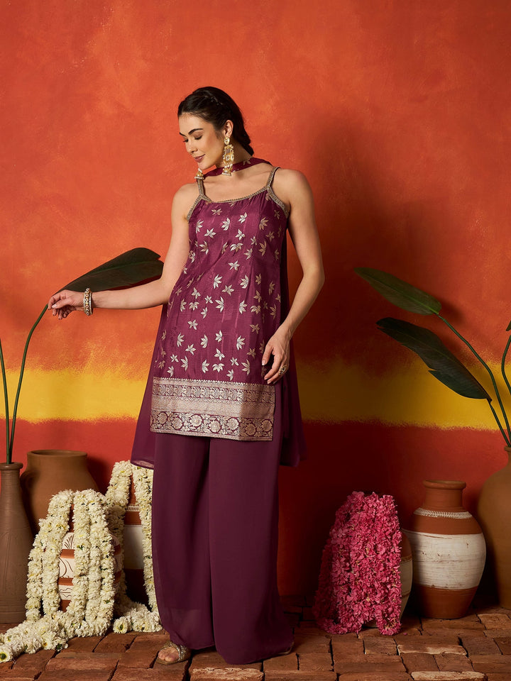 Wine Floral Printed & Embroidered Brocade Straight Kurti Palazzo Dupatta Set