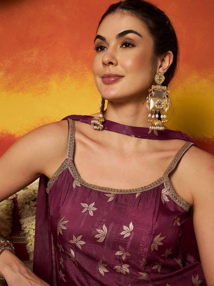 Wine Floral Printed & Embroidered Brocade Straight Kurti Palazzo Dupatta Set