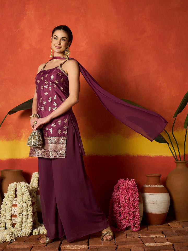 Wine Floral Printed & Embroidered Brocade Straight Kurti Palazzo Dupatta Set