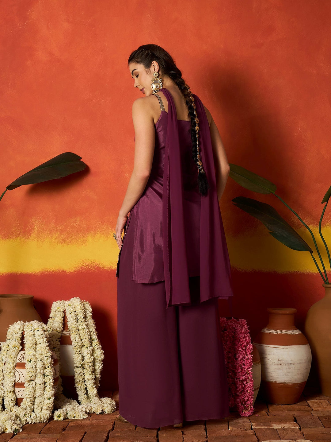 Wine Floral Printed & Embroidered Brocade Straight Kurti Palazzo Dupatta Set