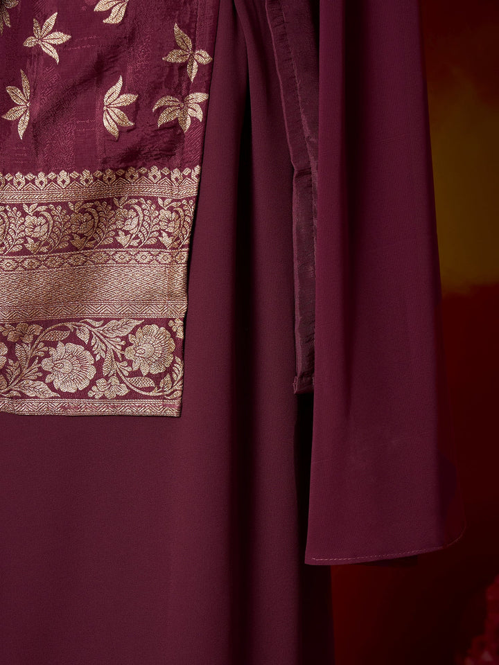 Wine Floral Printed & Embroidered Brocade Straight Kurti Palazzo Dupatta Set
