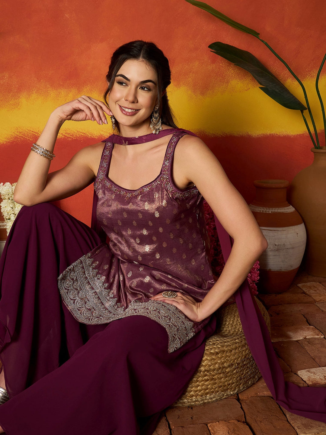 Wine Woven Design & Embroidered Brocade Straight Kurti Palazzo Dupatta Set