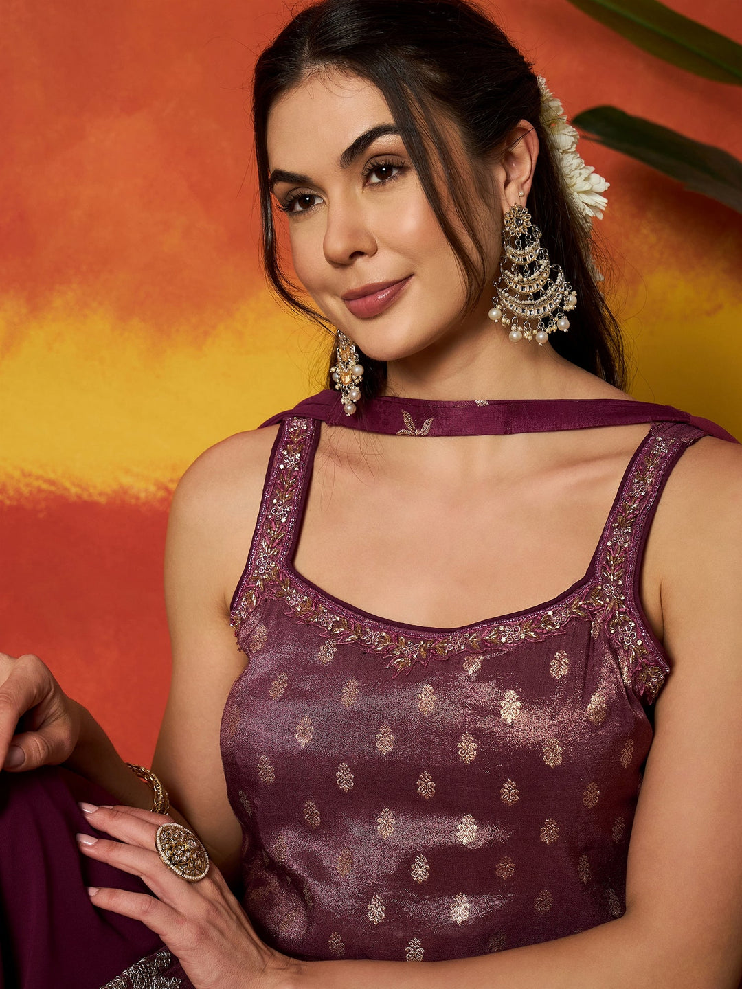 Wine Woven Design & Embroidered Brocade Straight Kurti Palazzo Dupatta Set