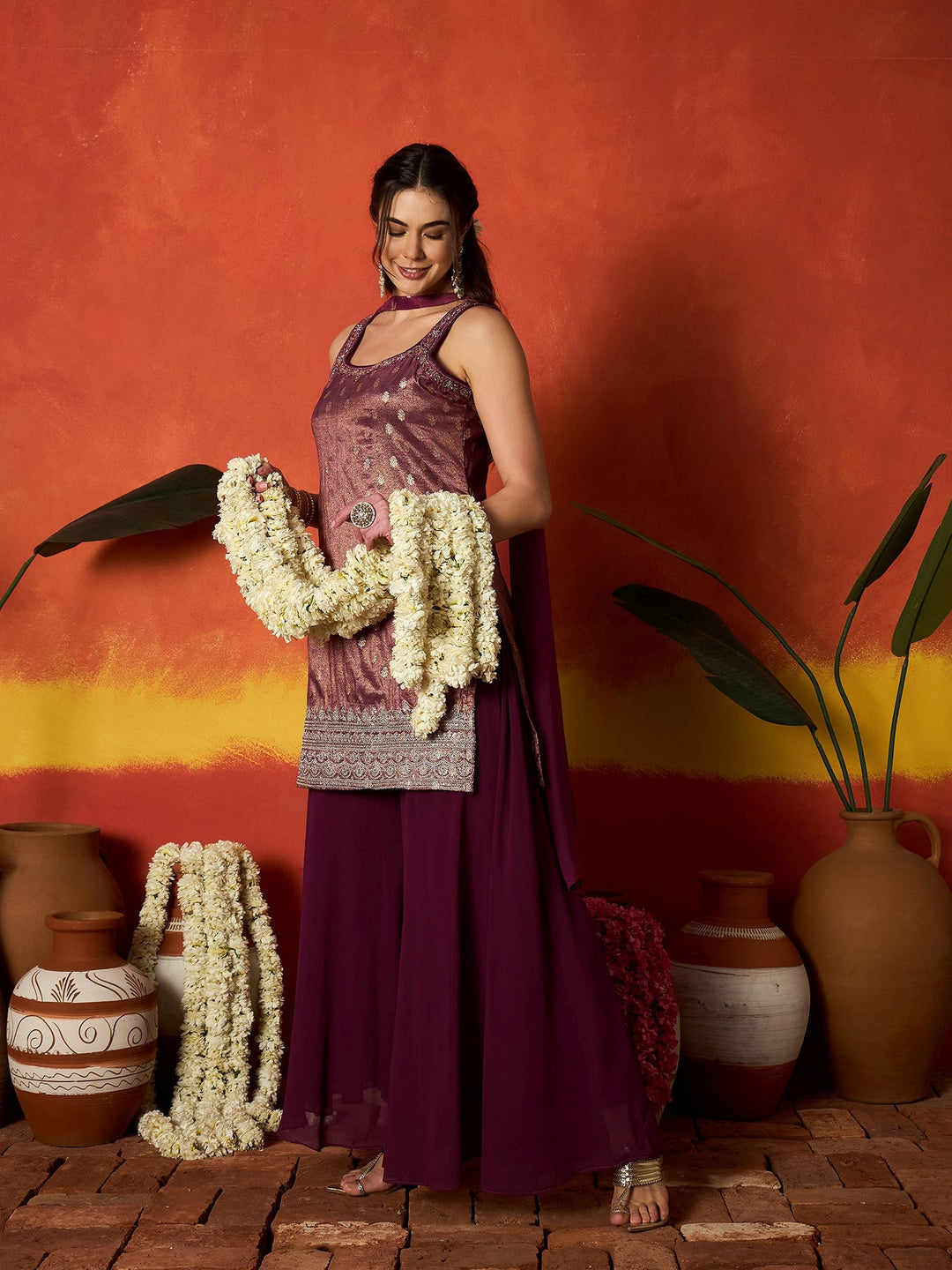 Wine Woven Design & Embroidered Brocade Straight Kurti Palazzo Dupatta Set