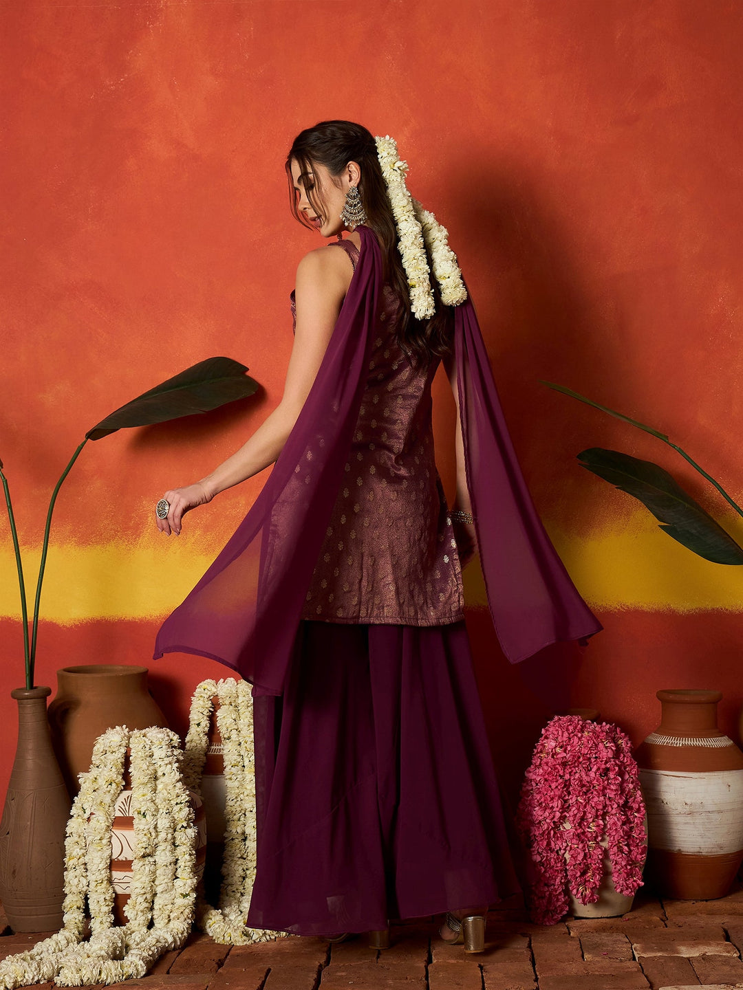 Wine Woven Design & Embroidered Brocade Straight Kurti Palazzo Dupatta Set