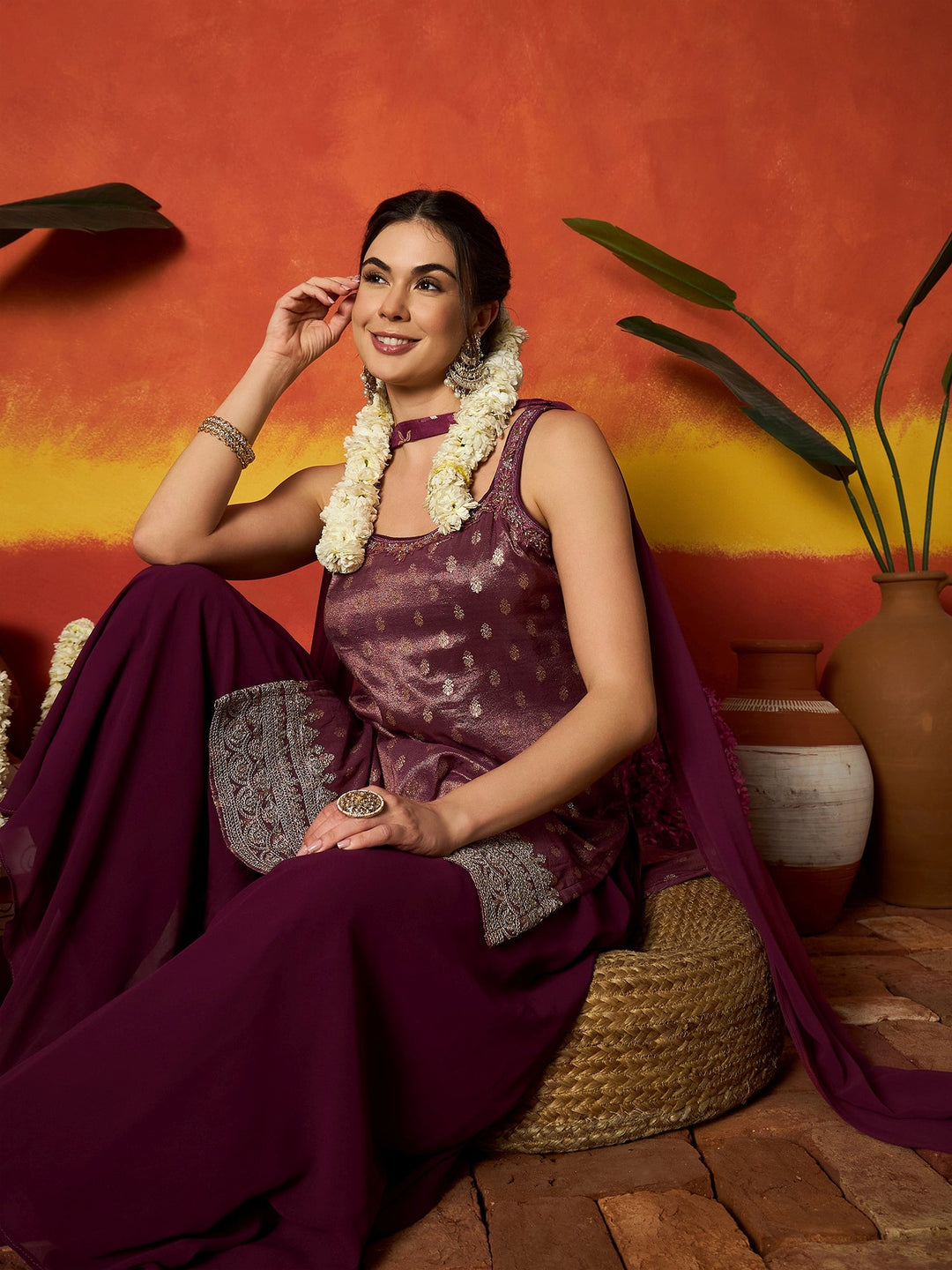 Wine Woven Design & Embroidered Brocade Straight Kurti Palazzo Dupatta Set