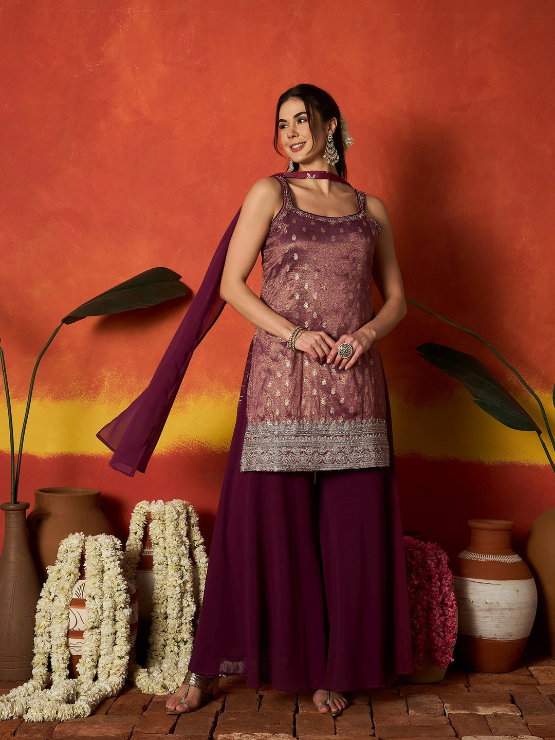 Wine Woven Design & Embroidered Brocade Straight Kurti Palazzo Dupatta Set