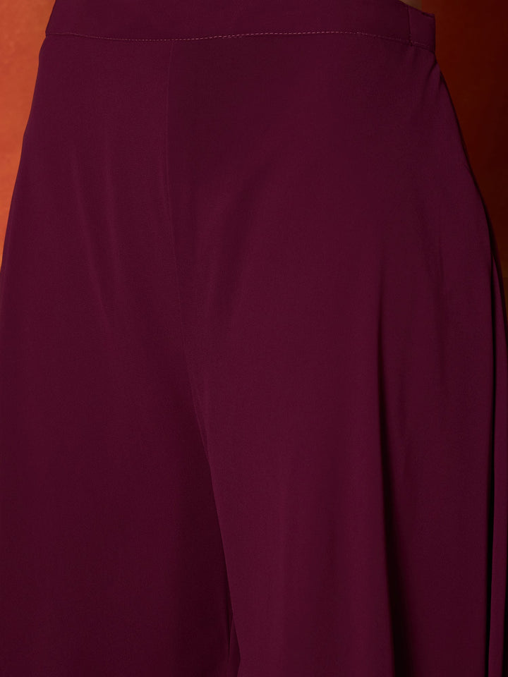 Wine Woven Design & Embroidered Brocade Straight Kurti Palazzo Dupatta Set