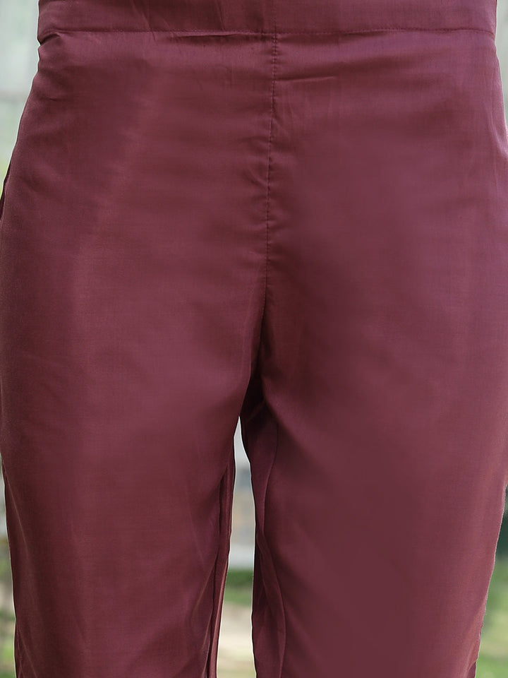 Wine Floral Printed Rayon A-Line Kurta Pant Dupatta Set