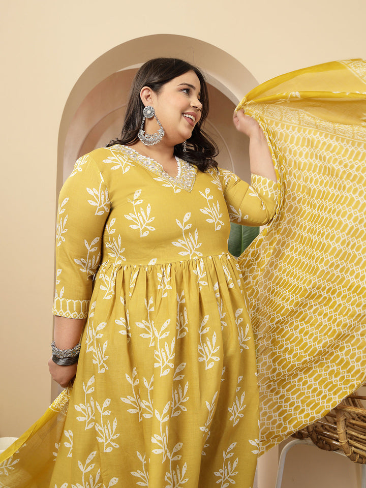 Plus Size Yellow Floral Printed Cotton Anarkali Kurta Pant Dupatta Set