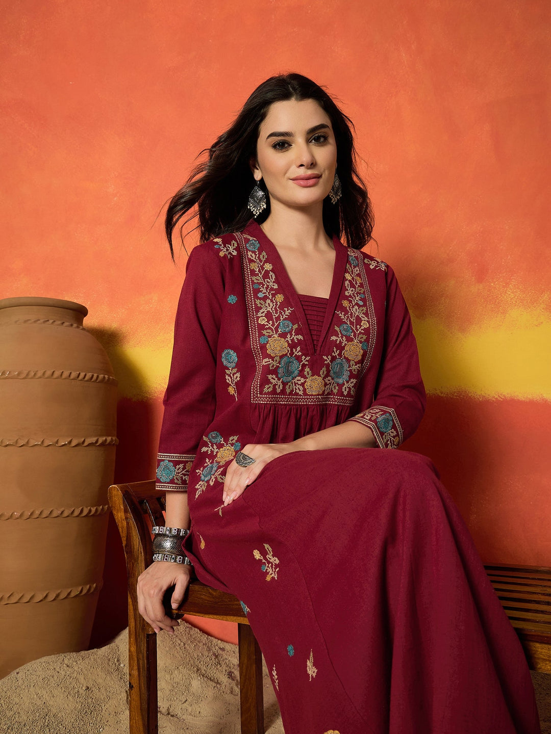 Maroon Solid & Embroidered Cotton Flex A-Line Kurta Palazzo Set