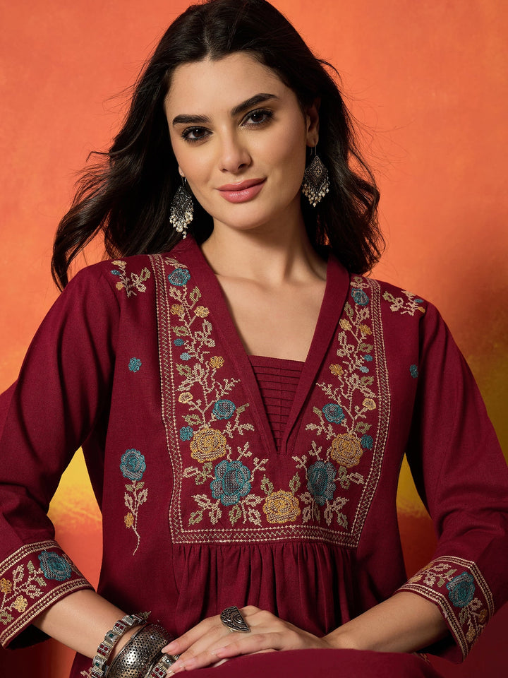 Maroon Solid & Embroidered Cotton Flex A-Line Kurta Palazzo Set