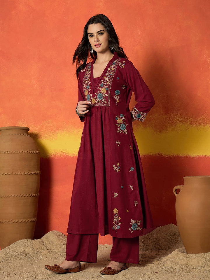 Maroon Solid & Embroidered Cotton Flex A-Line Kurta Palazzo Set