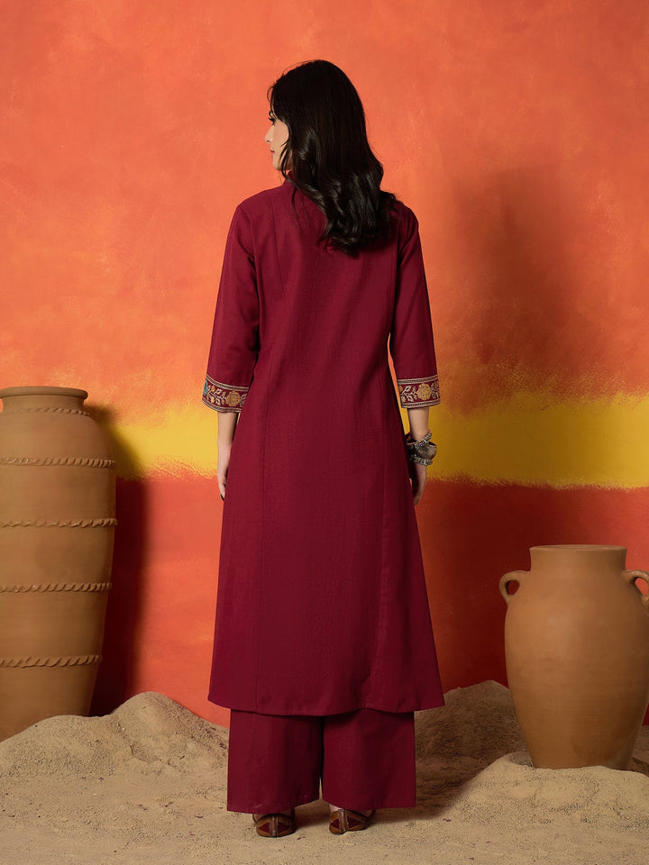Maroon Solid & Embroidered Cotton Flex A-Line Kurta Palazzo Set