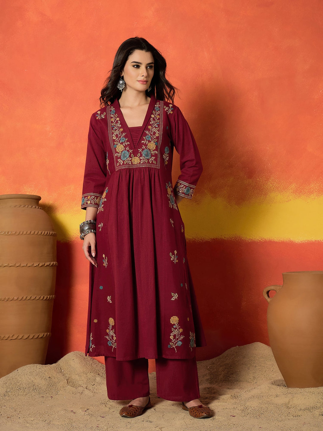 Maroon Solid & Embroidered Cotton Flex A-Line Kurta Palazzo Set