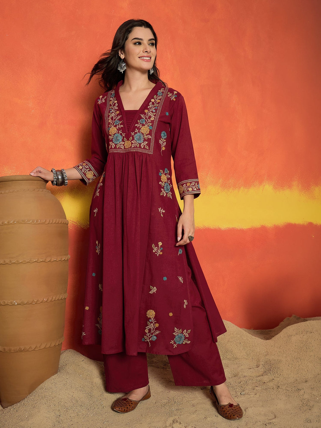 Maroon Solid & Embroidered Cotton Flex A-Line Kurta Palazzo Set