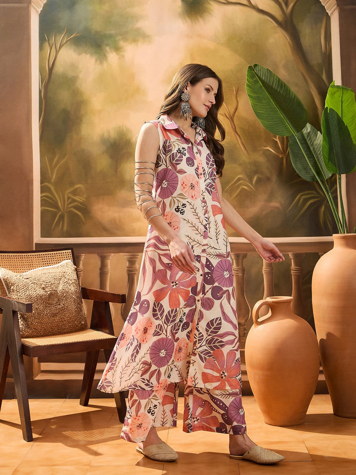 Multicolor Floral Printed Cotton Blend Kurta Palazzo Set