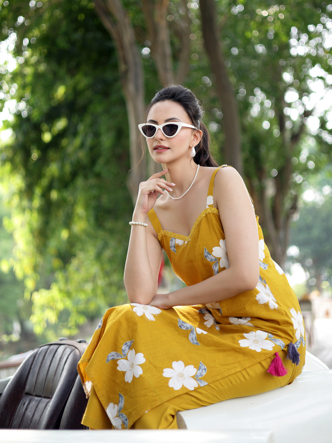 Mustard Floral Printed Cotton Straight Kurta Palazzo Set