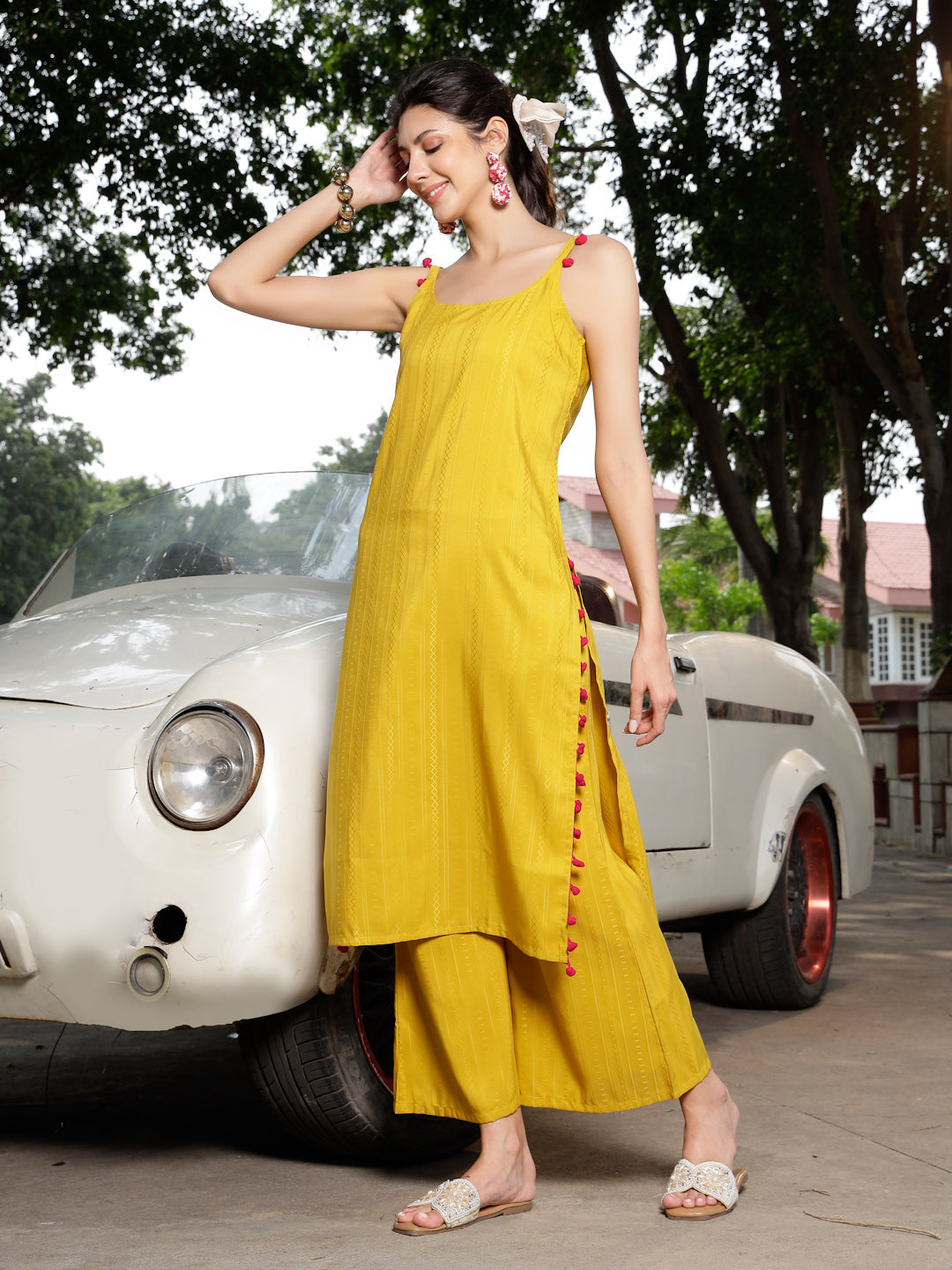 Mustard Woven Design Rayon Straight Kurta Palazzo Set