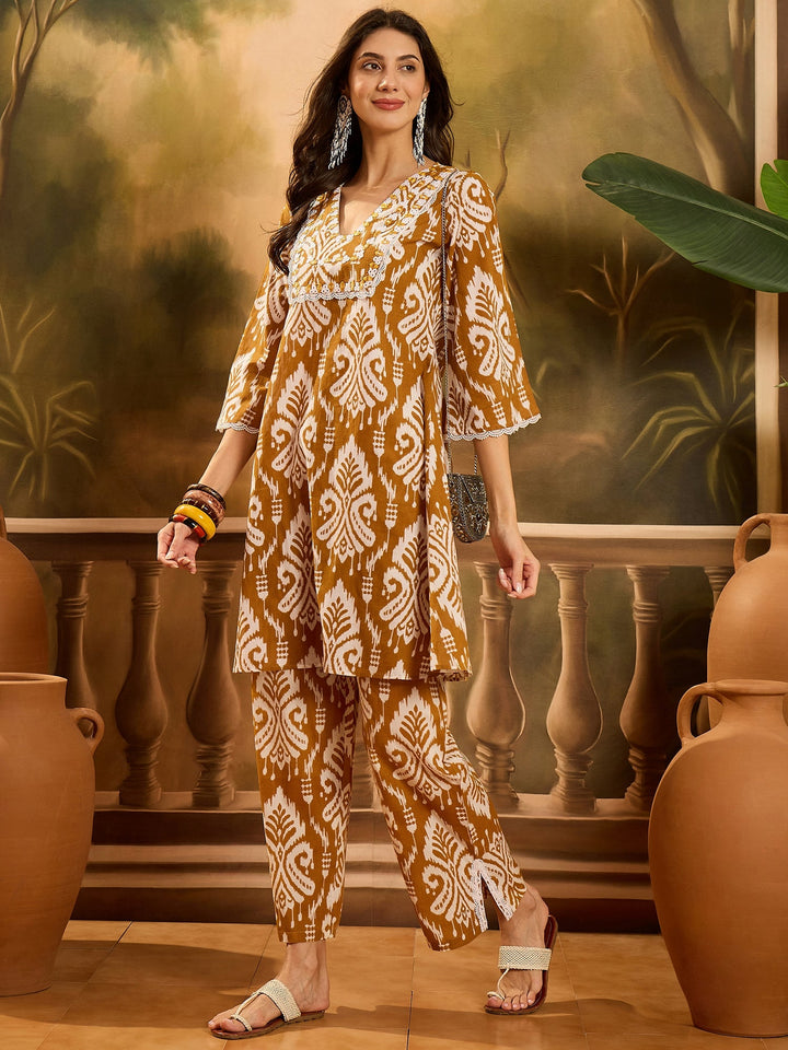Mustard Ikat Printed Cotton A-Line Kurta Pant Set