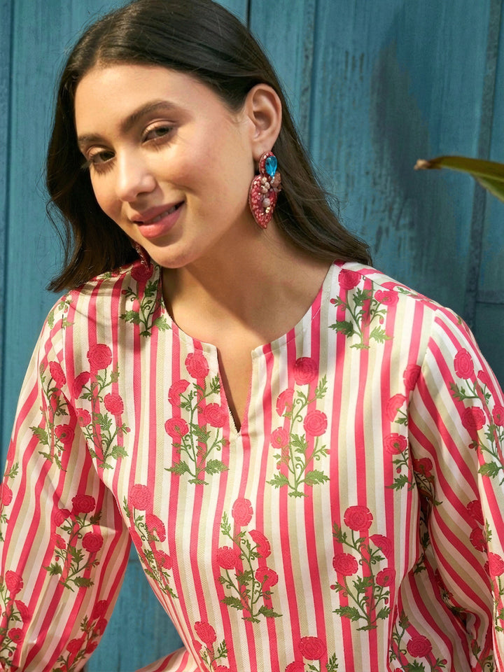 Pink Floral Printed Rayon Straight Kurta Palazzo Set