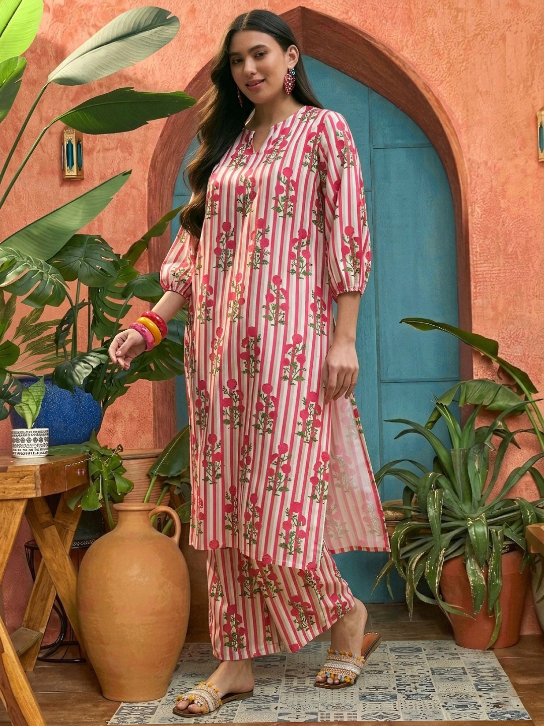 Pink Floral Printed Rayon Straight Kurta Palazzo Set