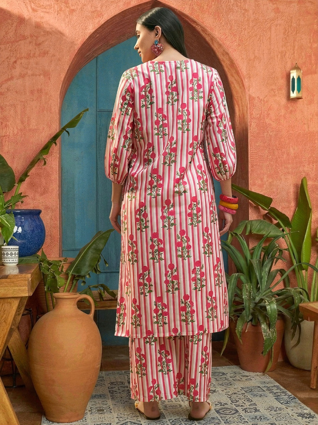 Pink Floral Printed Rayon Straight Kurta Palazzo Set