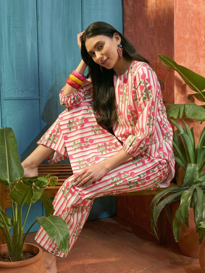 Pink Floral Printed Rayon Straight Kurta Palazzo Set