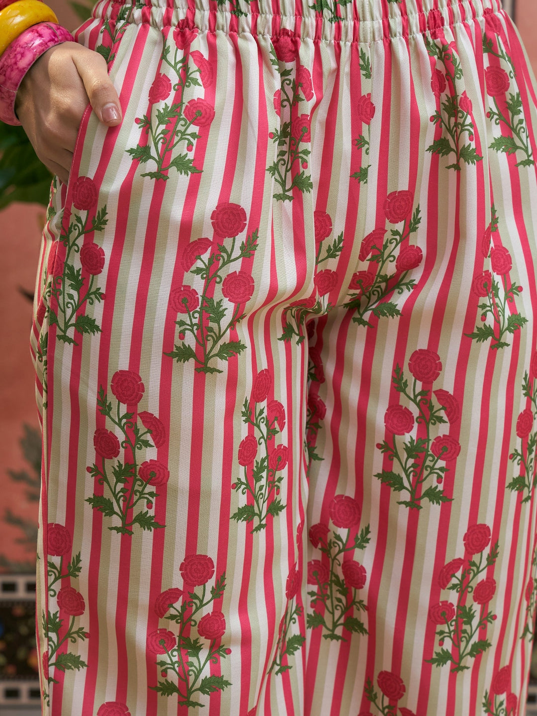 Pink Floral Printed Rayon Straight Kurta Palazzo Set