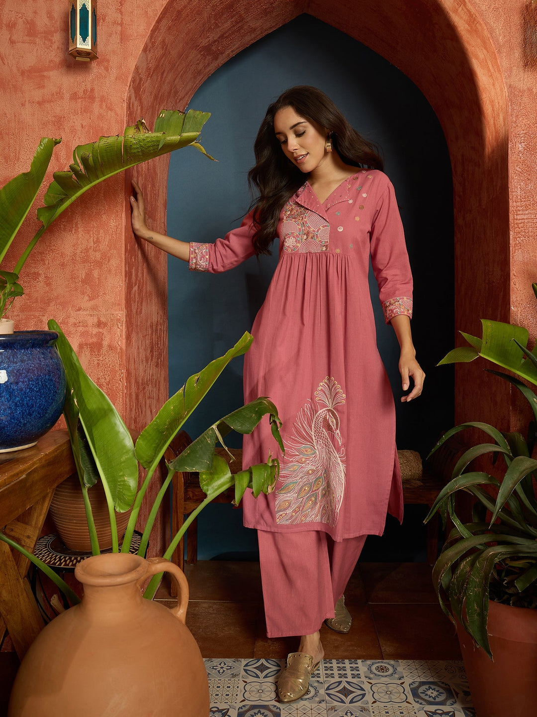 Pink Solid & Embroidered Cotton Flex A-Line Kurta Pant Set