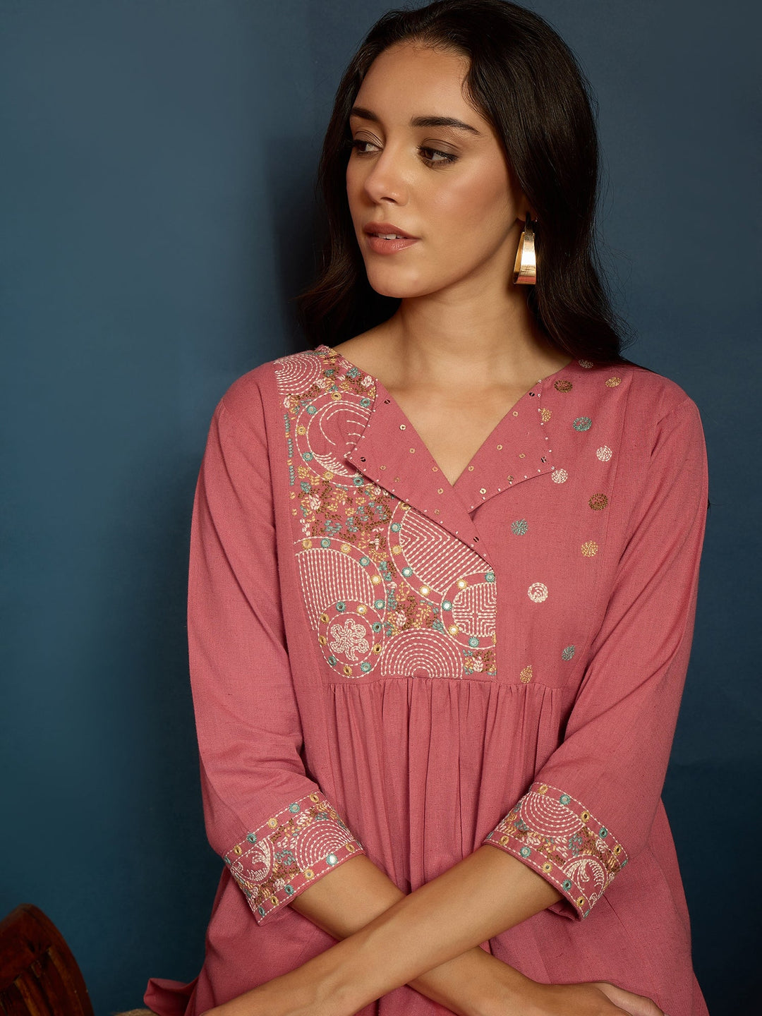 Pink Solid & Embroidered Cotton Flex A-Line Kurta Pant Set