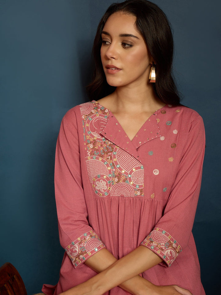 Pink Solid & Embroidered Cotton Flex A-Line Kurta Pant Set