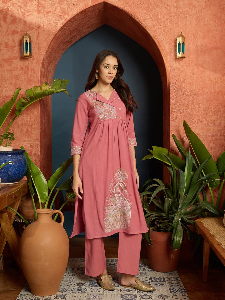Pink Solid & Embroidered Cotton Flex A-Line Kurta Pant Set