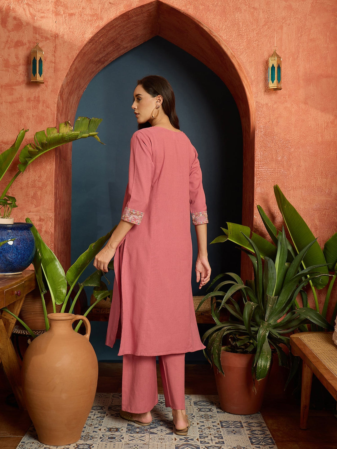 Pink Solid & Embroidered Cotton Flex A-Line Kurta Pant Set